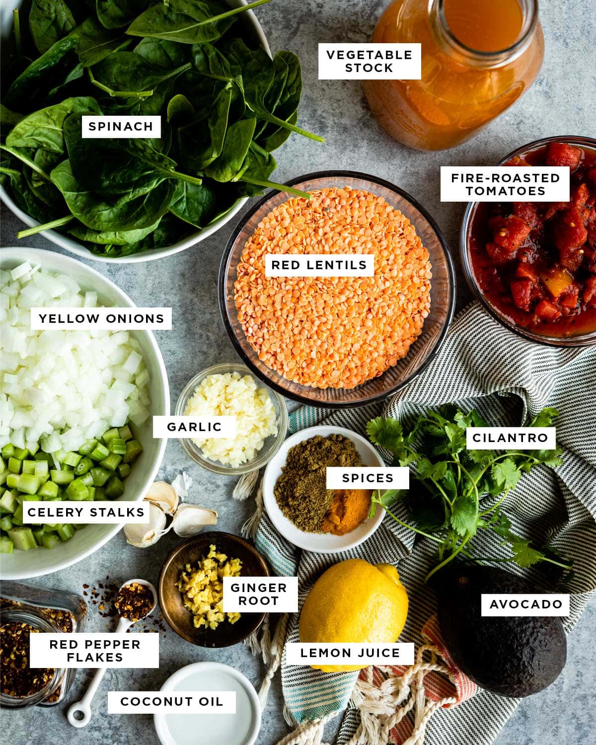 labeled ingredients to make red lentil soup.